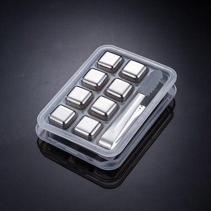 Stainless Steel Whiskey Stones x 8 Ice Cubes With Tong Reusable Cooling Ice Cube - Aimall