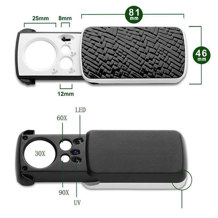 30x 60x 90x Jewellers Loupe LED Magnifier Loop Side Light Magnifying Glass Lens - Aimall