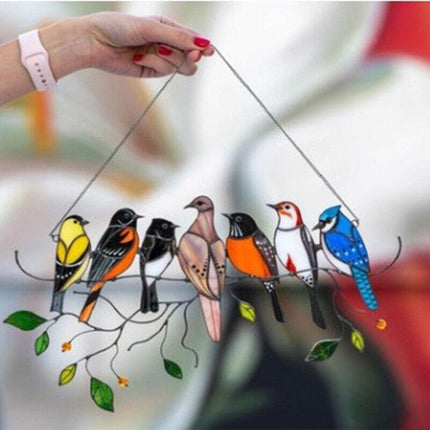 Stained Birds-On-A-Wire Window Panel Hanging Suncatcher Ornament Gifts AU Stock - Aimall