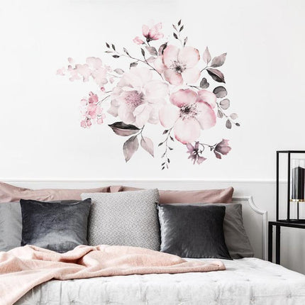 Removable Wall Stickers Watercolour Dusty Pink Flowers Leaves - Aimall