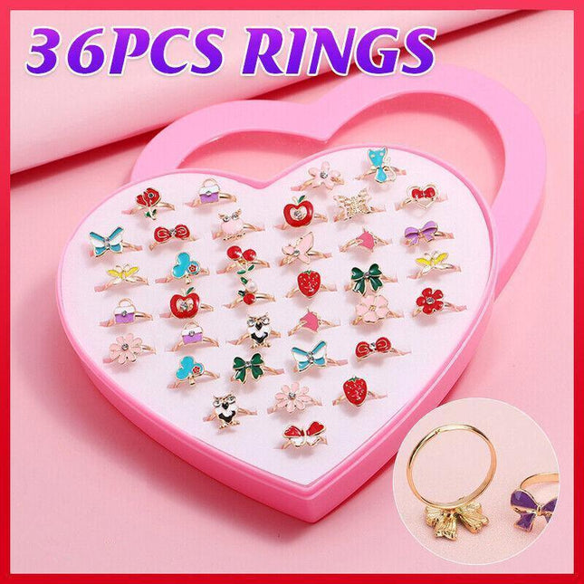 36PCS Kids Girls Cartoon Cute Adjustable Rings Crystal Rings Xmas Jewelry Gift - Aimall