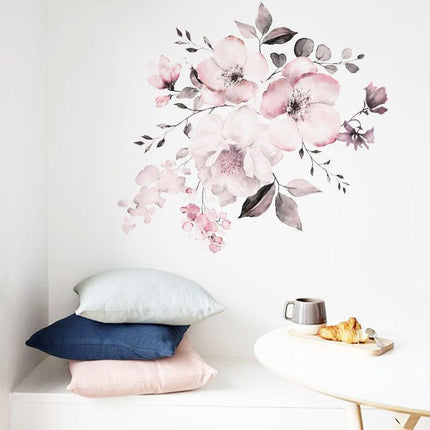 Removable Wall Stickers Watercolour Dusty Pink Flowers Leaves - Aimall