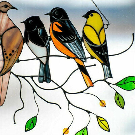 Stained Birds-On-A-Wire Window Panel Hanging Suncatcher Ornament Gifts AU Stock - Aimall