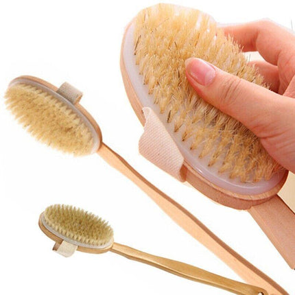 Body Bath Brush Scrub Back Massager Scrubber Long Handle Natural Wooden Shower - Aimall