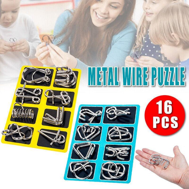 16PCS Classic IQ Metal Puzzle Brain Teaser Disentanglement Wire Puzzles Game Toy - Aimall