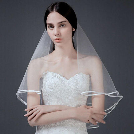 Women Bridal Wedding 2-Tier Veil With Satin Edge Comb Hen's Night White Ivory AU - Aimall