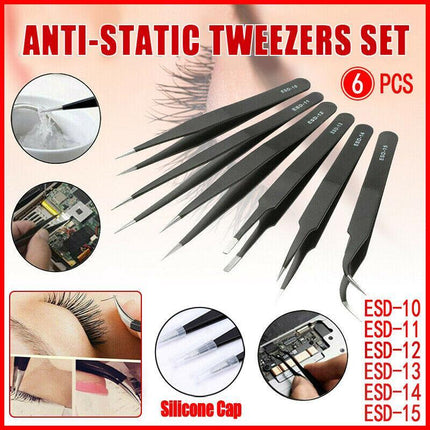 6 Pcs ESD Anti-Static Tweezer Set Tweezers Maintenance Tool Stainless Steel AU - Aimall