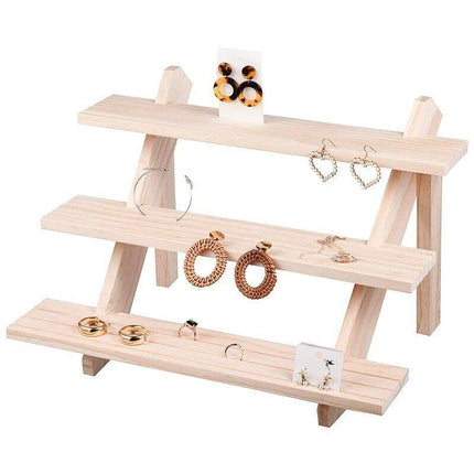 3 Tiers Wooden Earring Display Stand Holder Necklace Ring Counter Display - Aimall