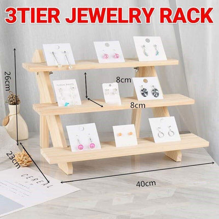 3 Tiers Wooden Earring Display Stand Holder Necklace Ring Counter Display - Aimall