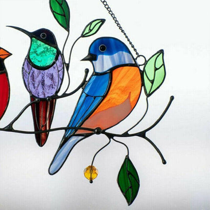 Stained Birds-On-A-Wire Window Panel Hanging Suncatcher Ornament Gifts AU Stock - Aimall