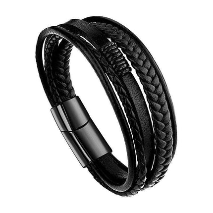Men Stainless Steel Buckle Leather Bracelet Bangle Cuff Vintage Wristband Rope - Aimall