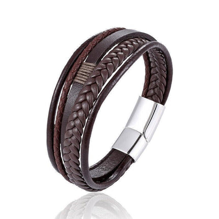 Men Stainless Steel Buckle Leather Bracelet Bangle Cuff Vintage Wristband Rope - Aimall