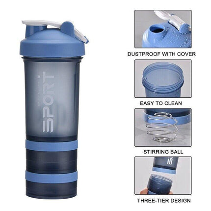 Powder Milkshake Drink Cup Sport Water bottle 500ml 3 tier Protein Shaker Pill - Aimall