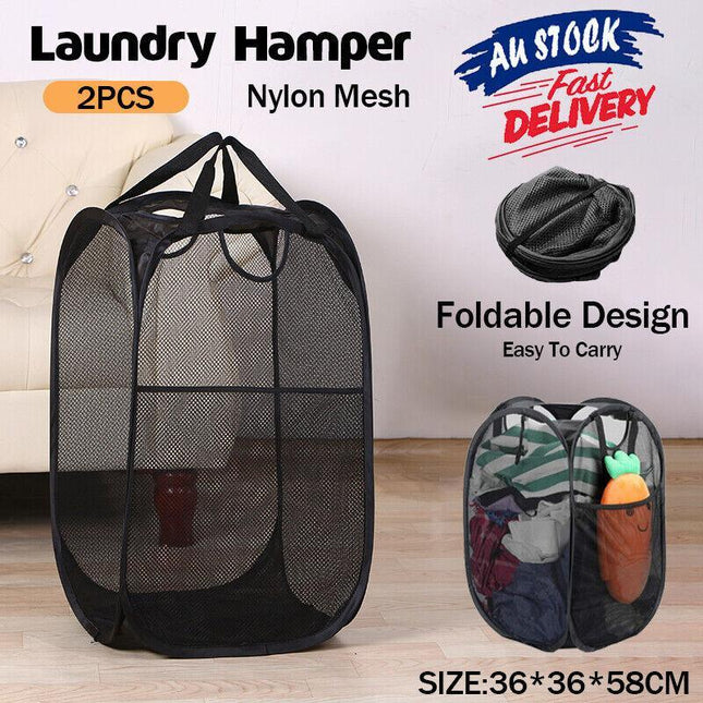 2x Foldable Nylon Mesh Laundry Hamper Pop Up Basket Clothes Washing Storage Bin - Aimall