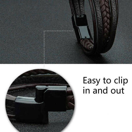 Men Stainless Steel Buckle Leather Bracelet Bangle Cuff Vintage Wristband Rope - Aimall