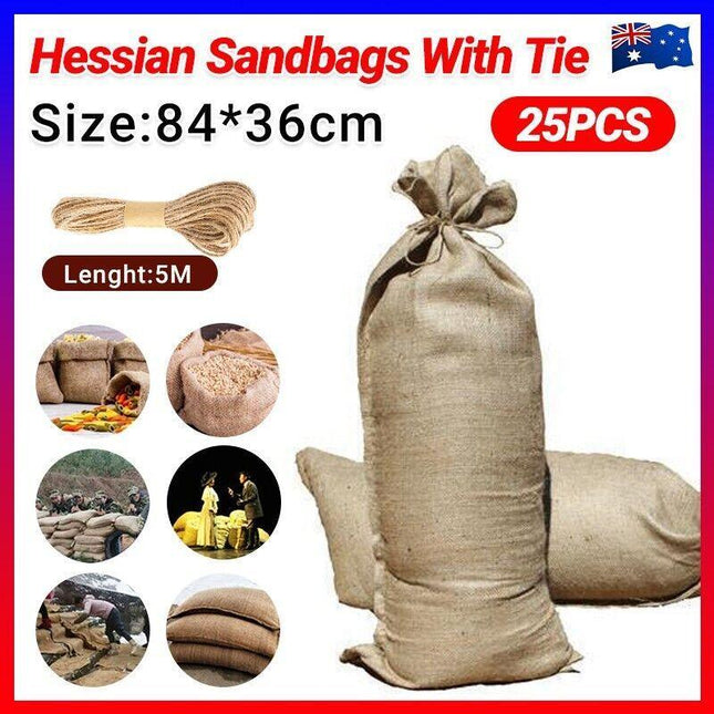 Sand Bag Flood Protection 84x36cm pk25 Control Hessian Sandbags With Tie - Aimall