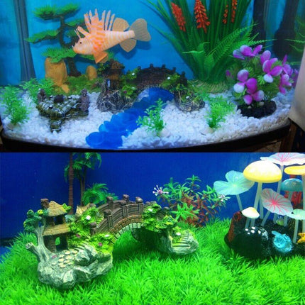 Aquarium Fish Tank Ornament Bridge Resin Rock Pavilion Tree Landscape Decoration - Aimall
