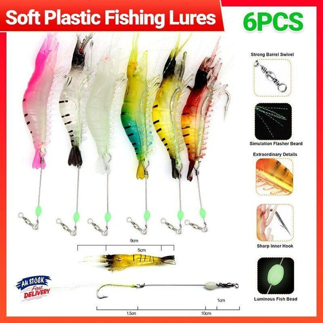 6PCSSoft Plastic Fishing Lures Tackle Prawn Shrimp Flathead Bream Cod Bass Glow - Aimall