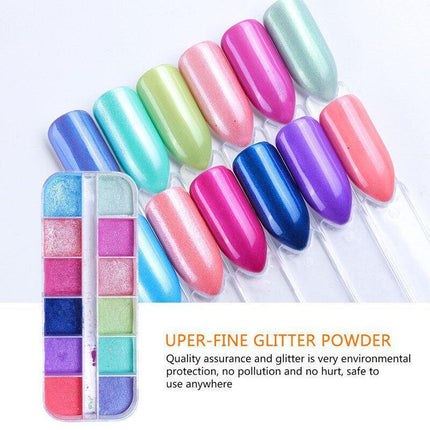 12 Grid Aurora Mermaid Unicorn Pearl Shimmer Mirror Chrome Effect Nail Powder AU - Aimall