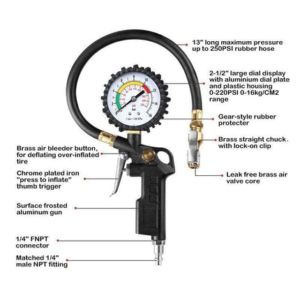 Tyre Pressure Gauge Air Tire Inflator Car Motorcycle Pump Hose Compressor Tool - Aimall
