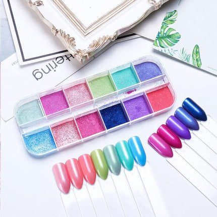 12 Grid Aurora Mermaid Unicorn Pearl Shimmer Mirror Chrome Effect Nail Powder AU - Aimall