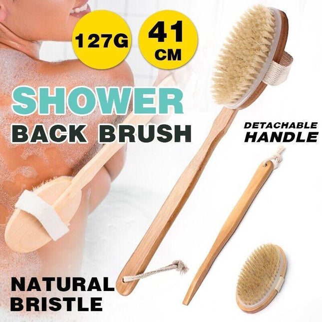 Body Bath Brush Scrub Back Massager Scrubber Long Handle Natural Wooden Shower - Aimall