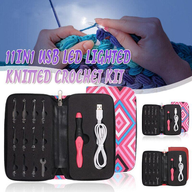 11in 1 LED Light Up Crochet Hooks Set USB Knitting Needles Weave Sewing Tools AU - Aimall