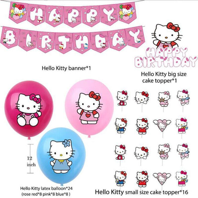 Happy Birthday Cute Hello Kitty Balloon Banner Flag Light Tinsel Curtain Party - Aimall