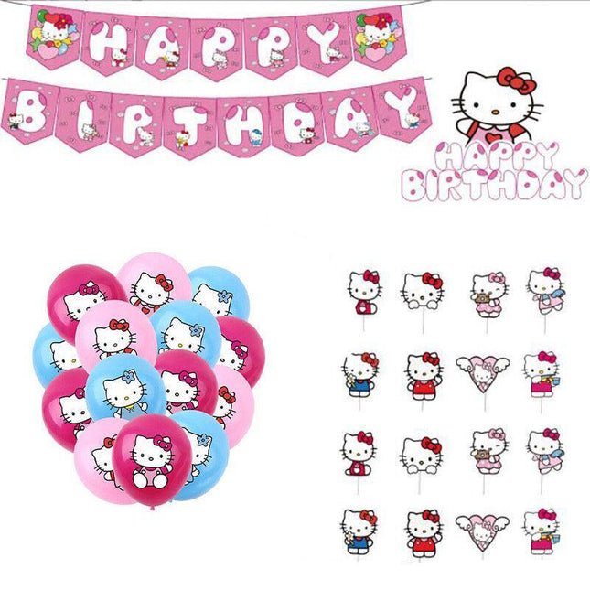 Happy Birthday Cute Hello Kitty Balloon Banner Flag Light Tinsel Curtain Party - Aimall