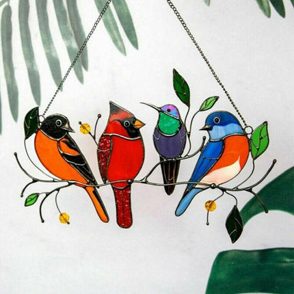 Stained Birds-On-A-Wire Window Panel Hanging Suncatcher Ornament Gifts AU Stock - Aimall