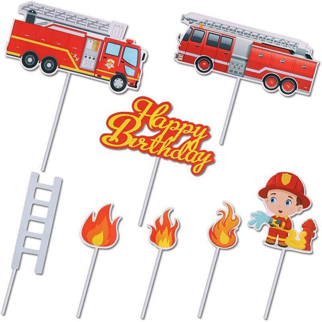 8pcs Fireman Cake Cupcake Topper Set Fire Truck Engine Happy Birthday Party AU - Aimall