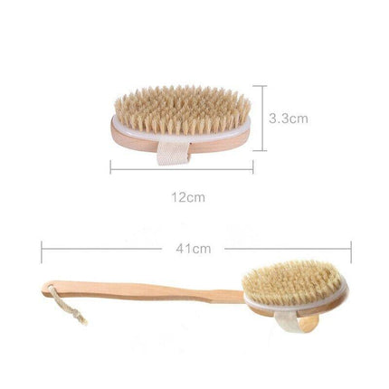 Body Bath Brush Scrub Back Massager Scrubber Long Handle Natural Wooden Shower - Aimall