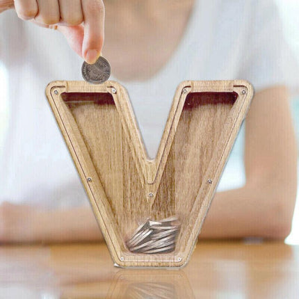 Wooden Piggy Bank Funny Letter/Guitar Coin Saving Money Box Kids Adults Gift A-Z - Aimall