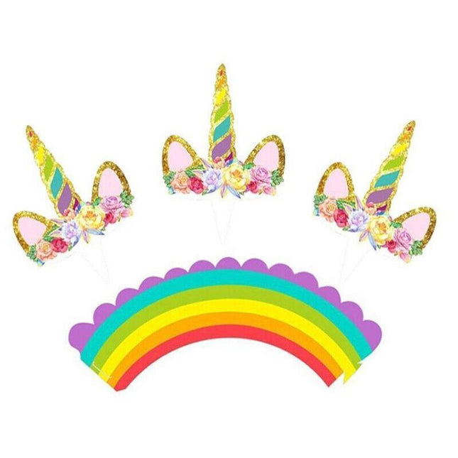Unicorn Cupcake Topper and Wrapper on festive cupcake.