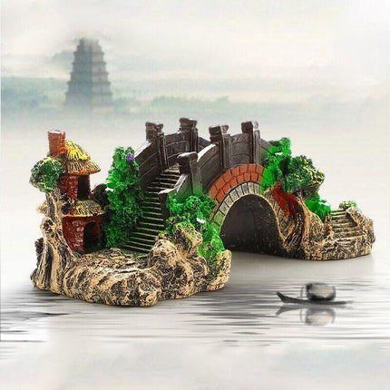 Aquarium Fish Tank Ornament Bridge Resin Rock Pavilion Tree Landscape Decoration - Aimall