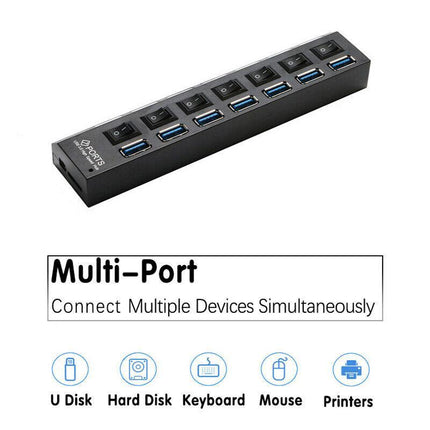 7 Port USB 3.0 High Speed Extension Hub Splitter Extender For PC Laptop MacBook - Aimall