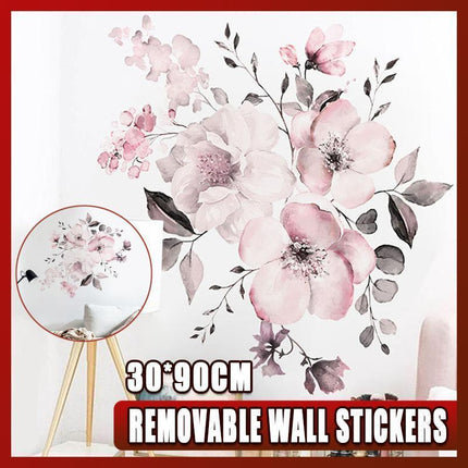 Removable Wall Stickers Watercolour Dusty Pink Flowers Leaves - Aimall