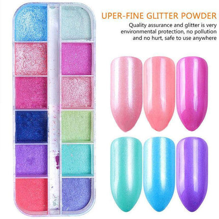 12 Grid Aurora Mermaid Unicorn Pearl Shimmer Mirror Chrome Effect Nail Powder AU - Aimall