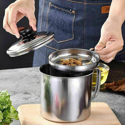 1.8L Stainless Steel Oil Filter Pot Cooking Soup Grease Strainer Separator Home - Aimall