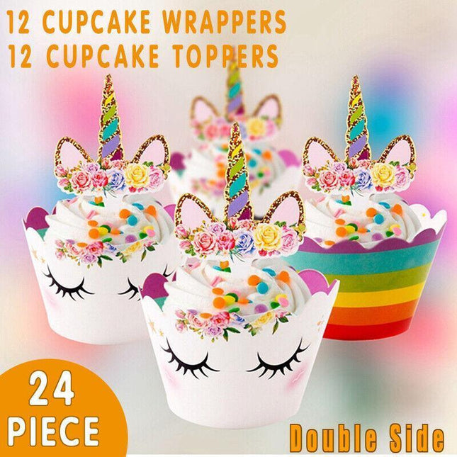 Unicorn Cupcake Topper and Wrapper on festive cupcake.
