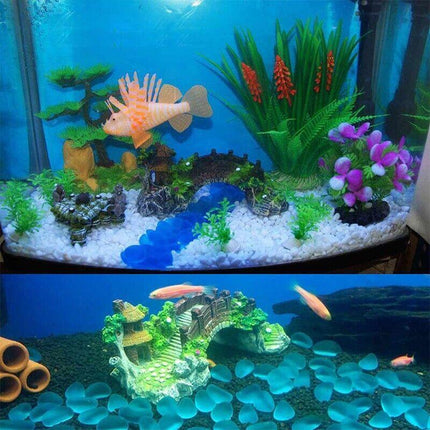 Aquarium Fish Tank Ornament Bridge Resin Rock Pavilion Tree Landscape Decoration - Aimall
