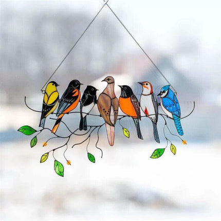 Stained Birds-On-A-Wire Window Panel Hanging Suncatcher Ornament Gifts AU Stock - Aimall