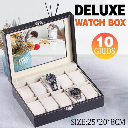 Leather Watch Jewelry Display Storage Holder Case 10 Grids Box Organizer - Aimall