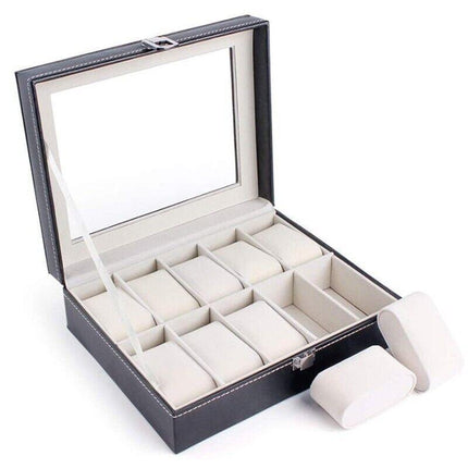 Leather Watch Jewelry Display Storage Holder Case 10 Grids Box Organizer - Aimall