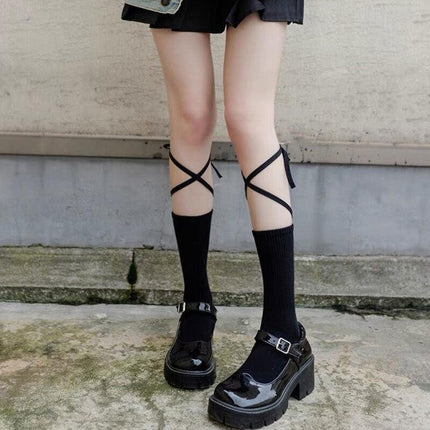 Cross-Tie Women Lolita Socks Bandage Stockings Korean Style Middle Tube Socks AU - Aimall