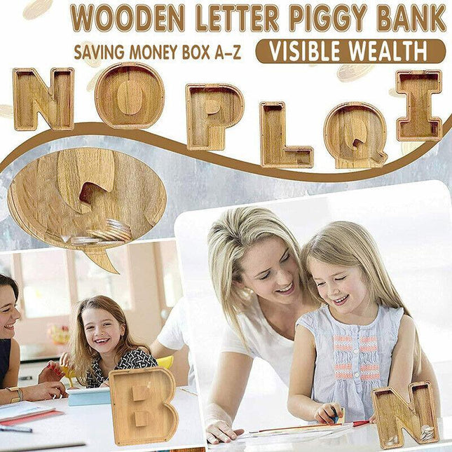 Wooden Piggy Bank Funny Letter/Guitar Coin Saving Money Box Kids Adults Gift A-Z - Aimall