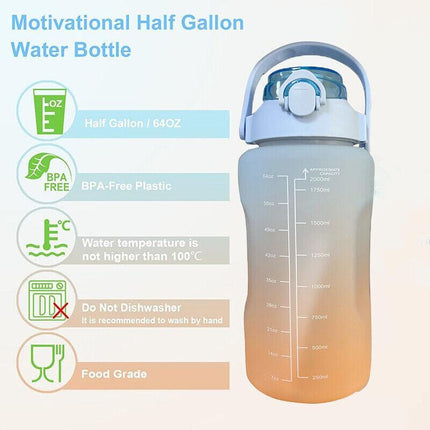 2L Water Bottle Motivational Drink Flask With Time Markings BPA Free Sports Gym - Aimall