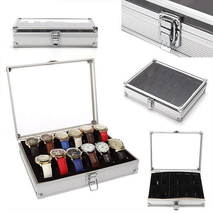 12 Grids Carbon Fiber Aluminum Watch Box Storage Case Holder Display - Aimall