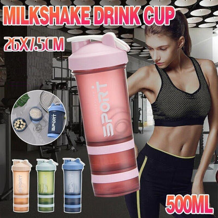 Powder Milkshake Drink Cup Sport Water bottle 500ml 3 tier Protein Shaker Pill - Aimall