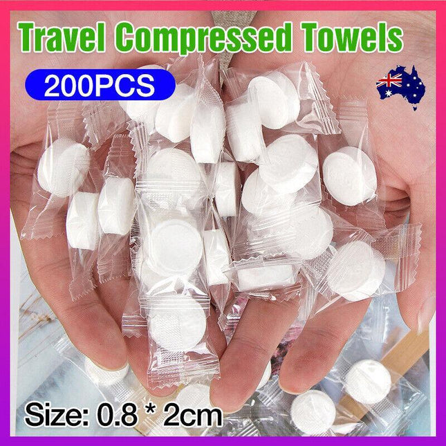 200PCS Travel Compressed Towels Tablet Wash Cloths Camping Hand Towel 0.8CM AU - Aimall